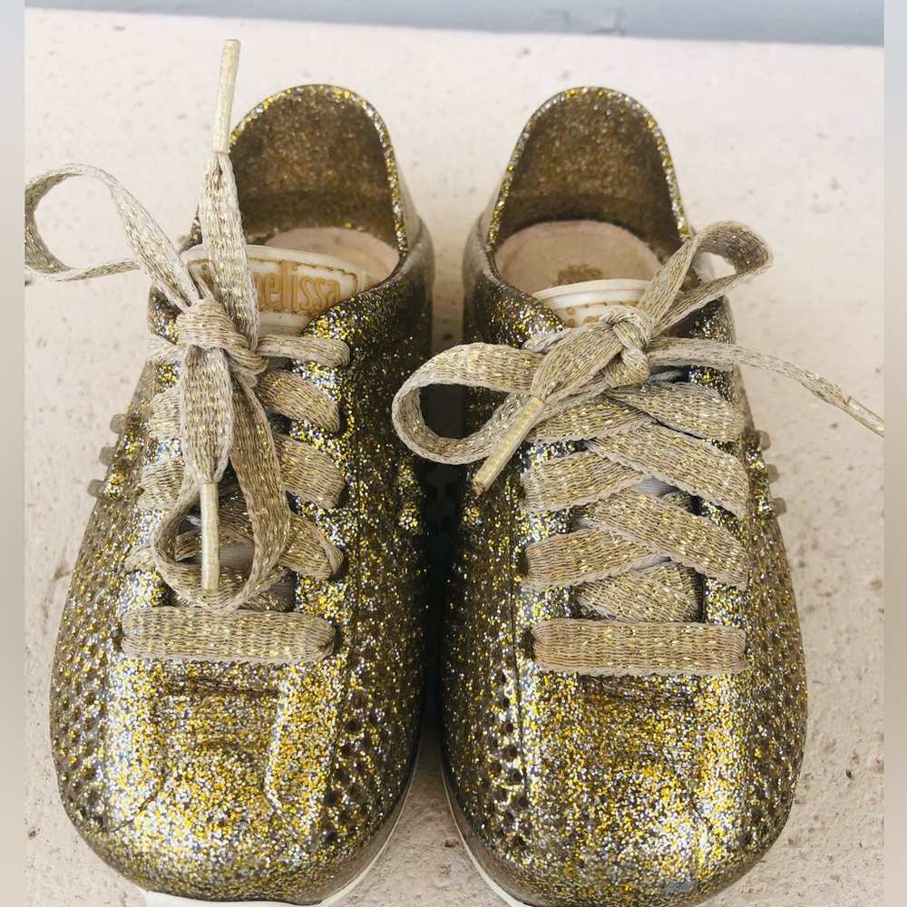 Mini Melissa Glitter Gold Laces Jelly Sneakers Size 8 Toddler Shoes
